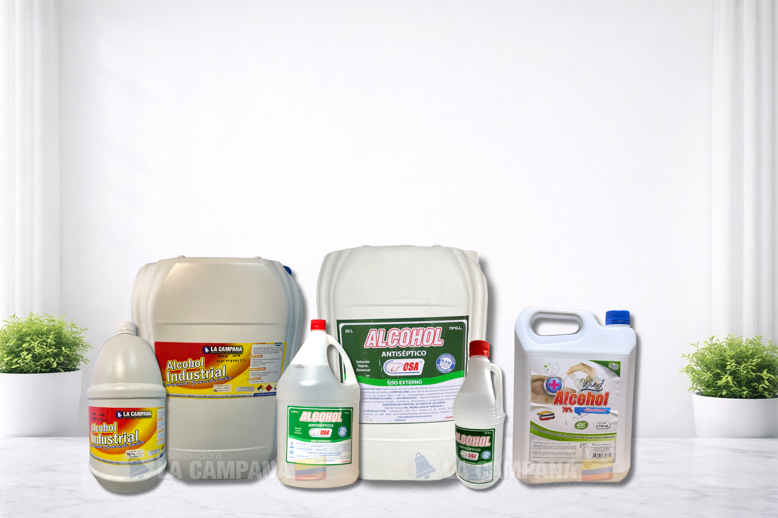 Assorted cleaning product bottles and buckets arranged on a bright white surface