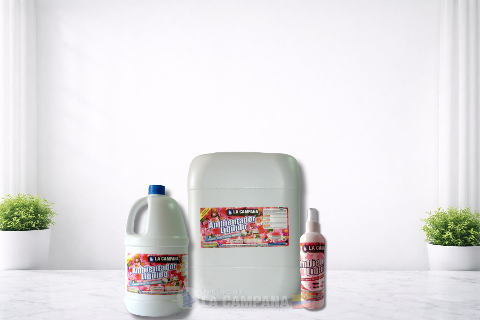 Three cleaning product bottles displayed on a white table with small green plants in the background