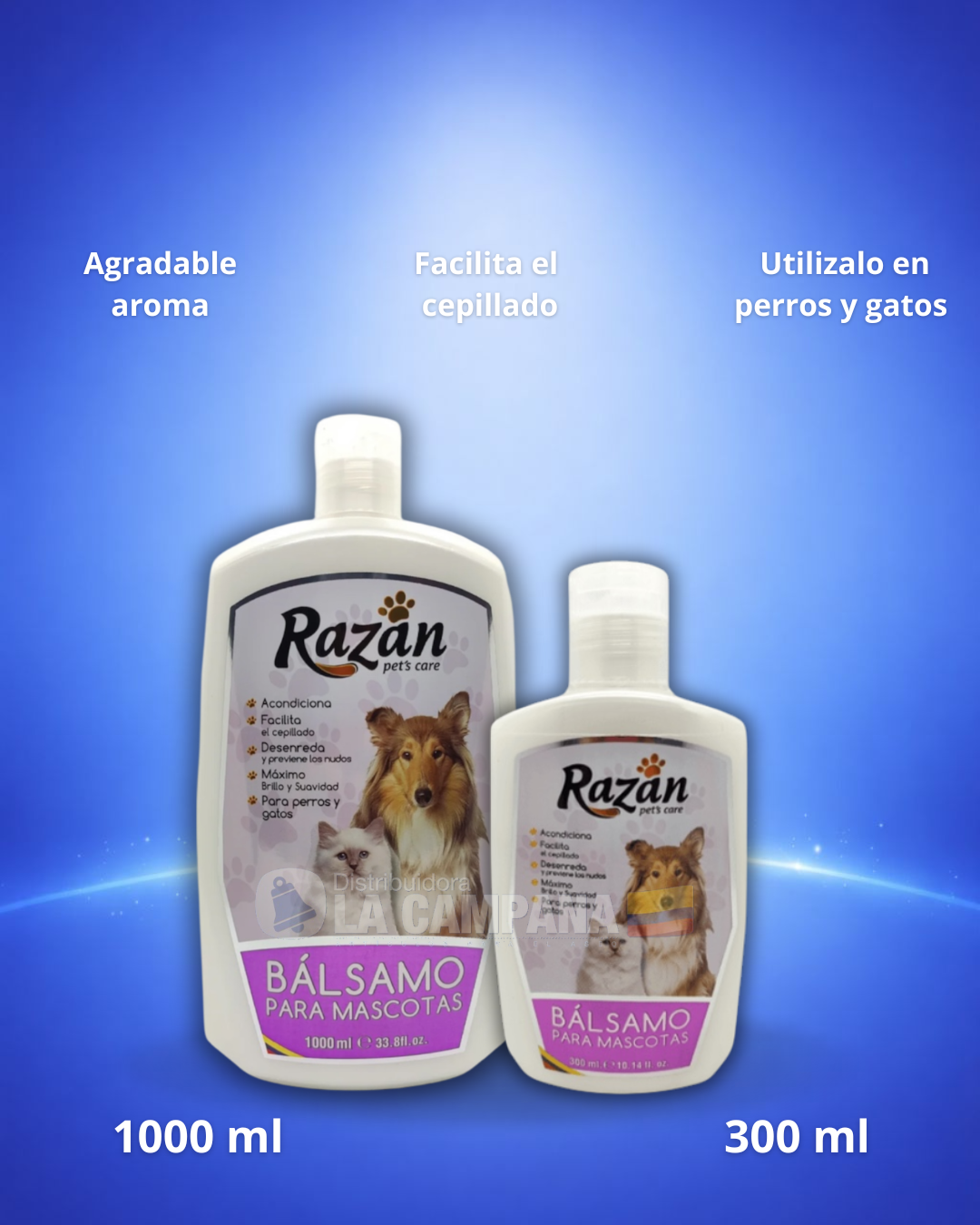 Two Razán dog shampoo bottles on a blue background, 1000 ml and 300 ml, with Spanish product claims.