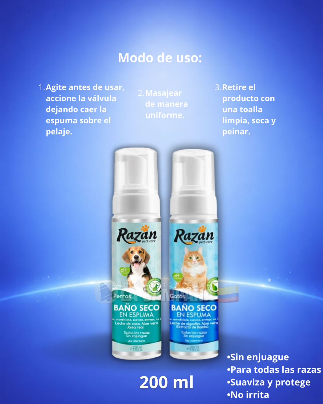 Razan pet dry shampoo spray bottles on blue background with usage instructions in Spanish