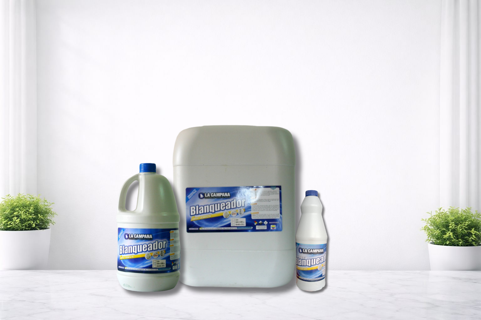 Cleaning supplies on a white table: a large jug, bottle, and small spray bottle with blue labels.