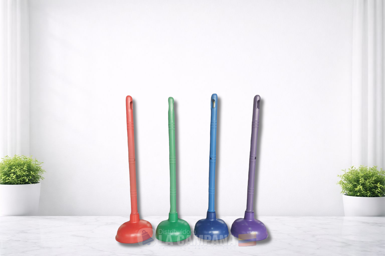 Four colorful plungers—red, green, blue, and purple—standing upright on a white floor with small plants on each side.