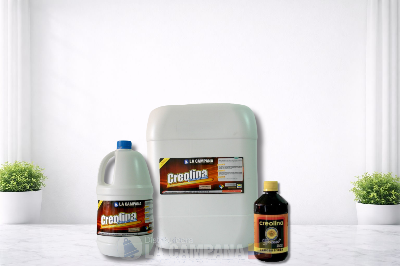 Three cleaning product bottles on a white background, with a large jug centered between two smaller bottles.