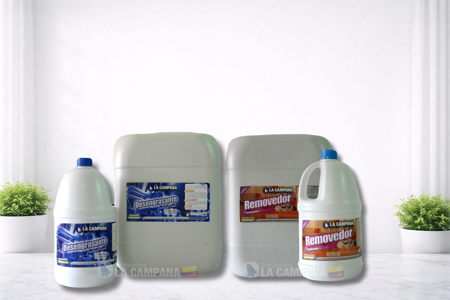 Laundry detergent bottles and jugs arranged on a white surface with small green plants in the background.