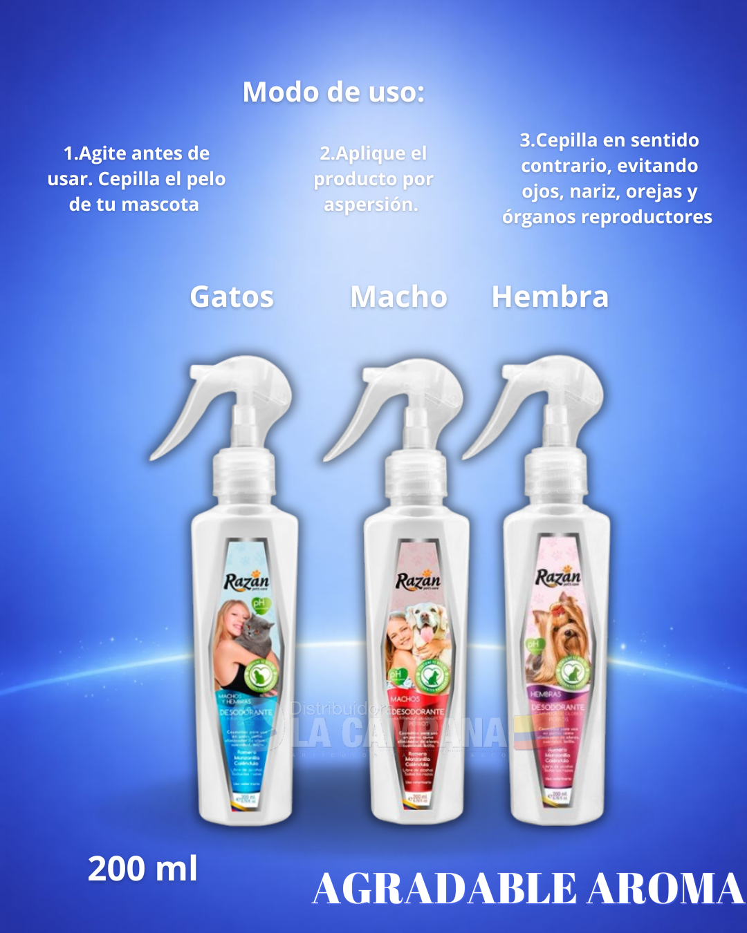 Three pet spray bottles labeled Gatos, Macho, and Hembra on a blue background, 200 ml.