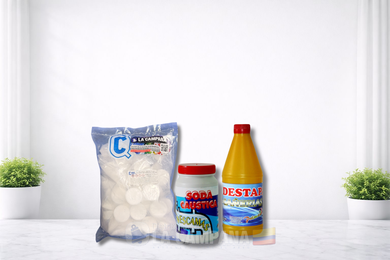 Three household cleaning products on a white surface against a bright white background.