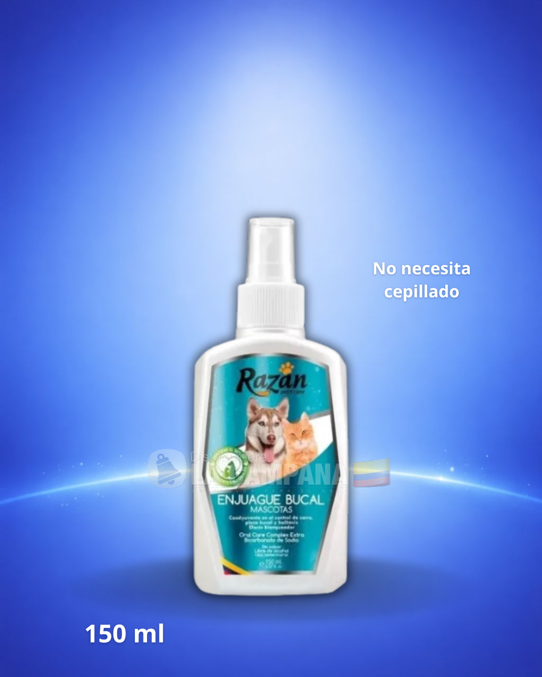 150 ml bottle of blue spray gel on a blue background, with text “No necesita cepillo”