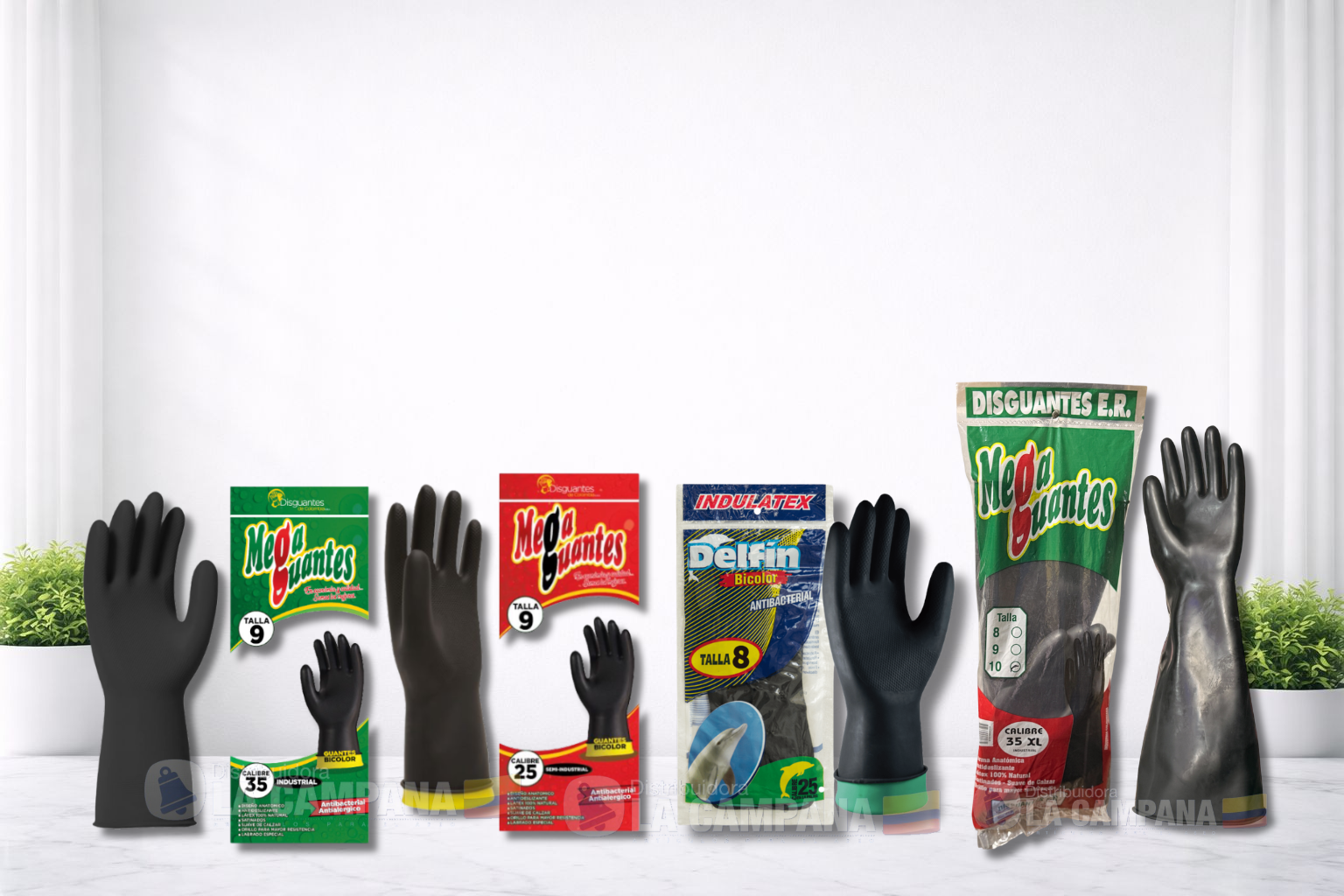 Assorted black rubber gloves displayed with colorful packaging on a white background