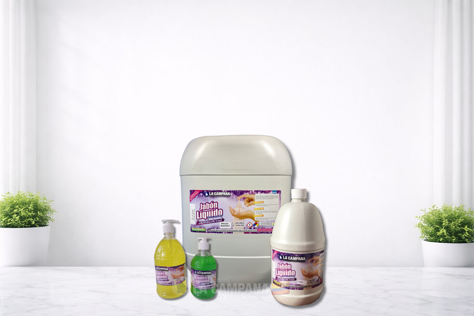 Laundry products and detergent bottles displayed on a white table with small green plants in the background