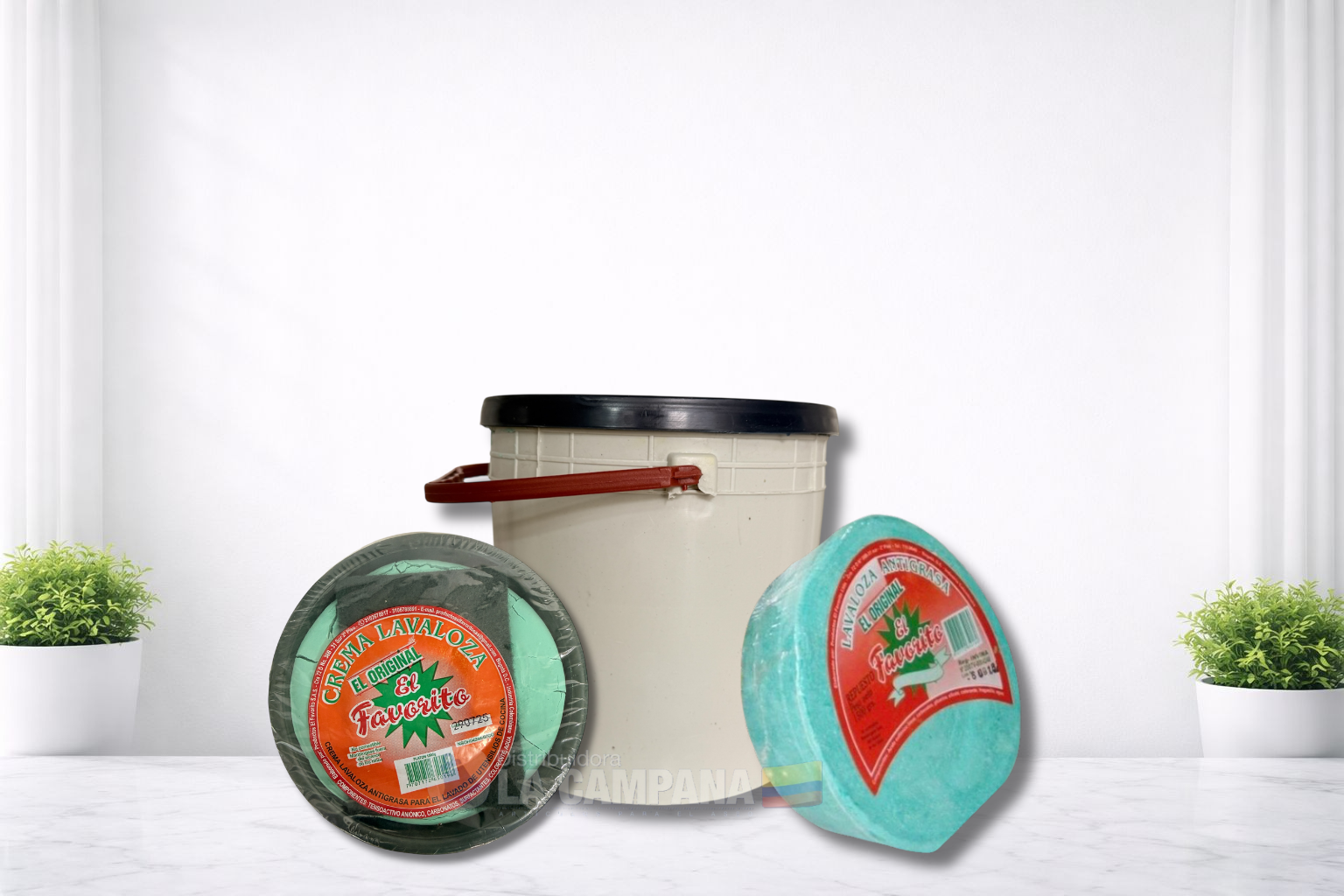 Three round food containers with colorful labels on a white tabletop