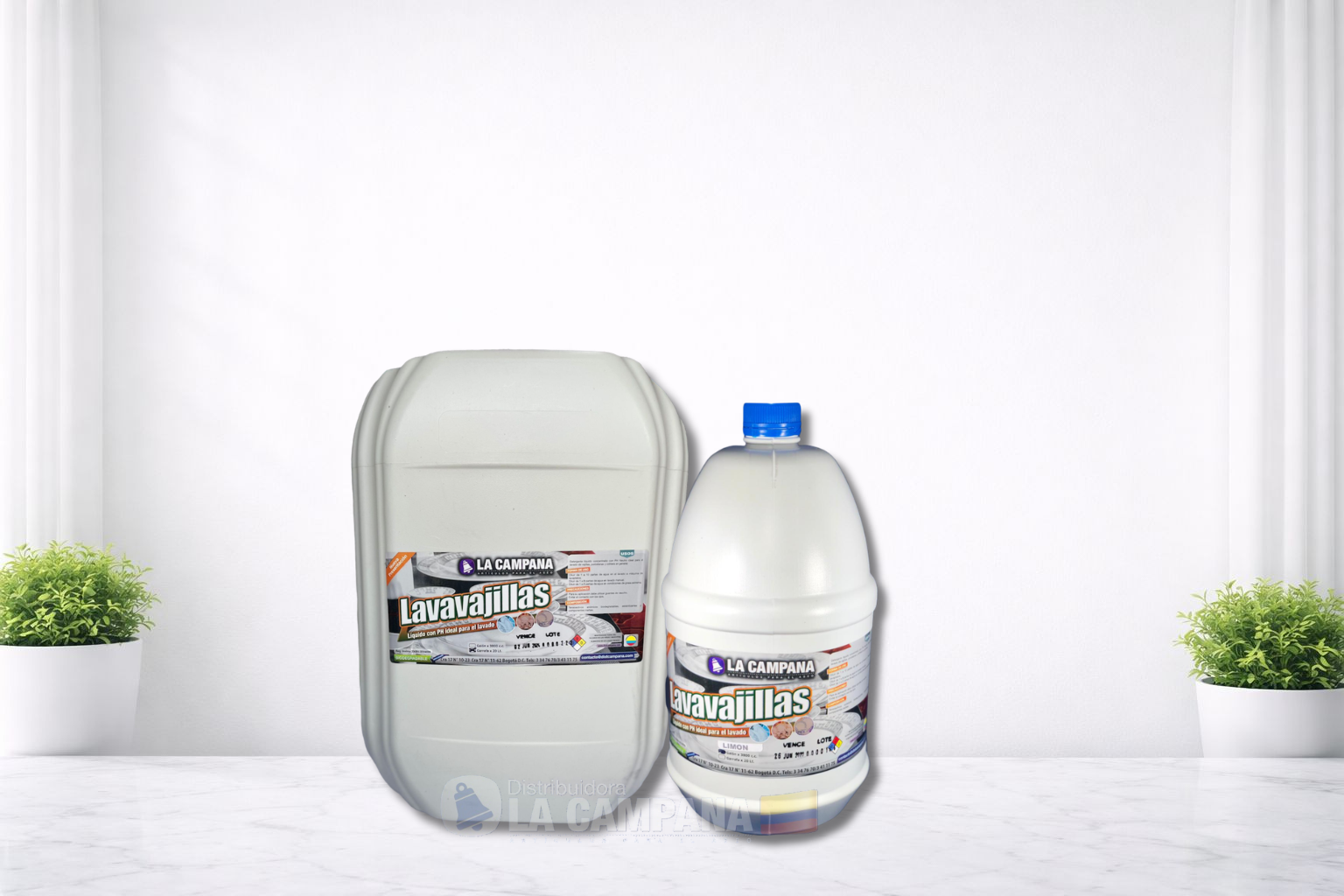 Two laundry detergent containers on a white tabletop, one large gray jug and one smaller bottle with blue cap.