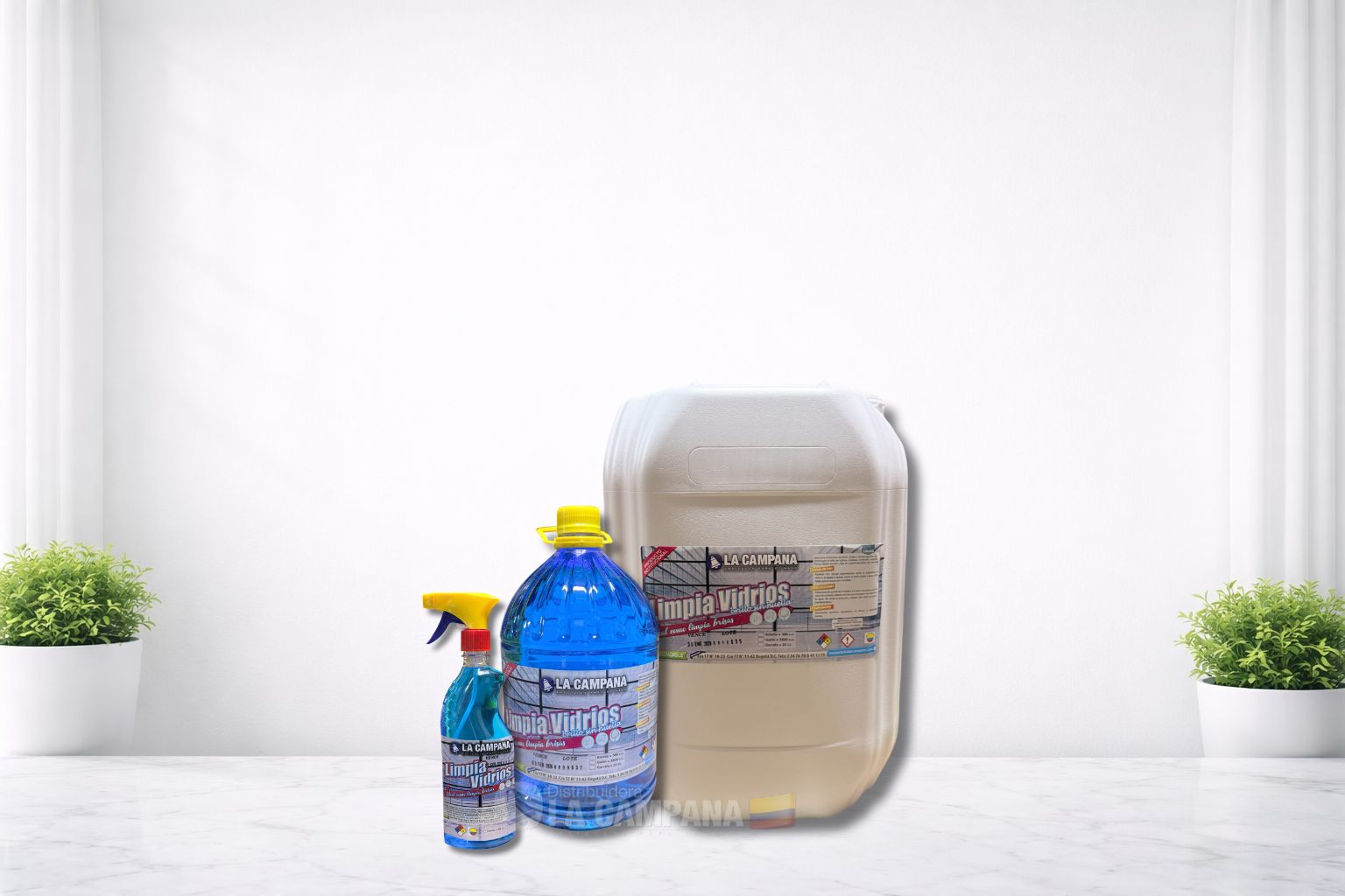 Cleaning supplies beside a translucent plastic jug on a white tabletop, flanked by small potted plants.