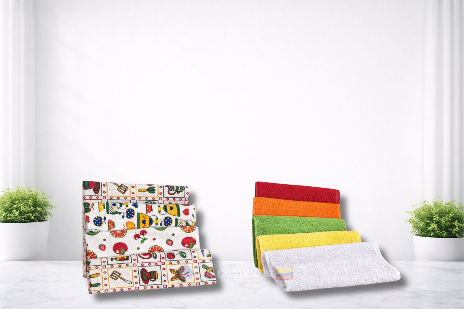 Two stacks of colorful folded cloths on a white table with potted plants on either side.