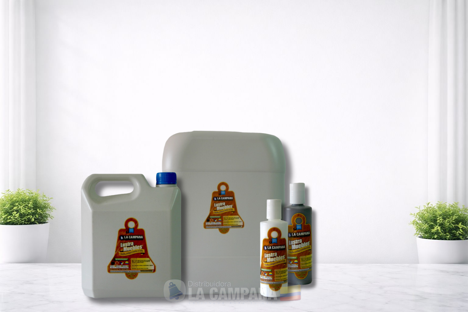 Assorted household cleaning products in gray and white bottles on a bright white surface