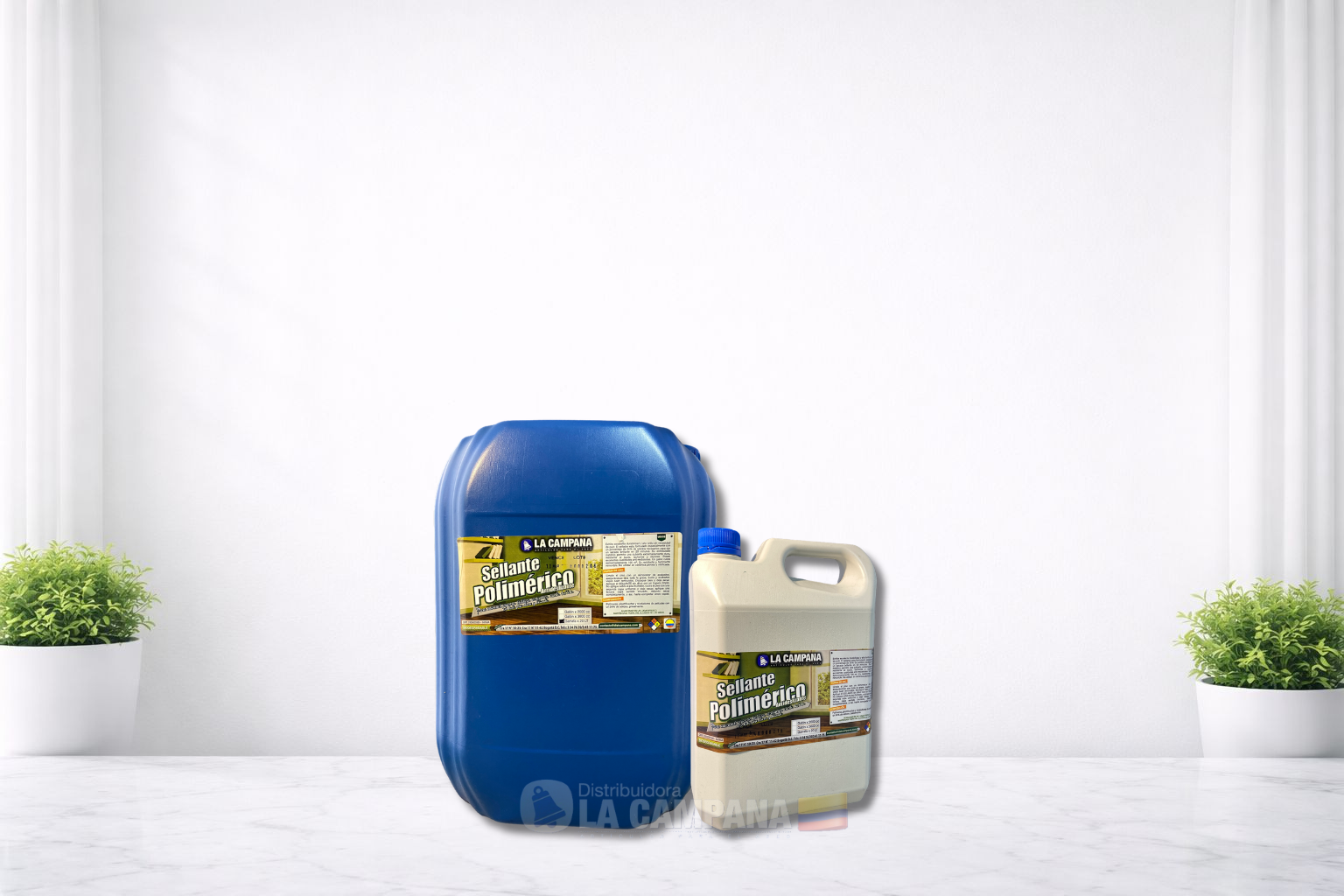 Blue and white plastic jugs on a bright tabletop with small potted plants in the background