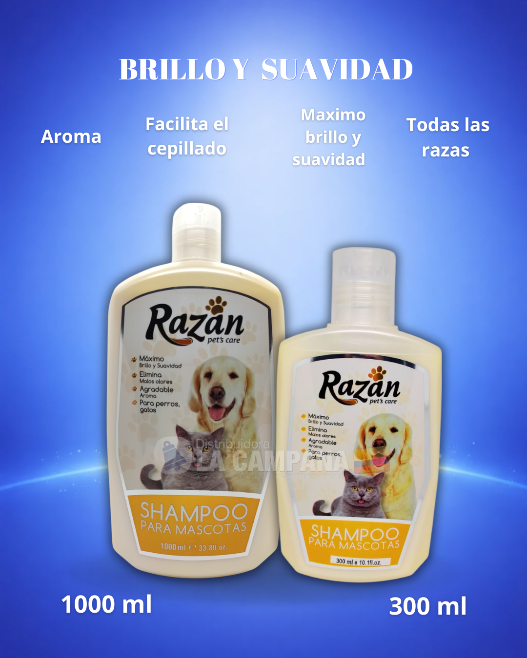 Razan shampoo for dogs, blue ad, 1000 ml and 300 ml bottles, with text about shine and softness