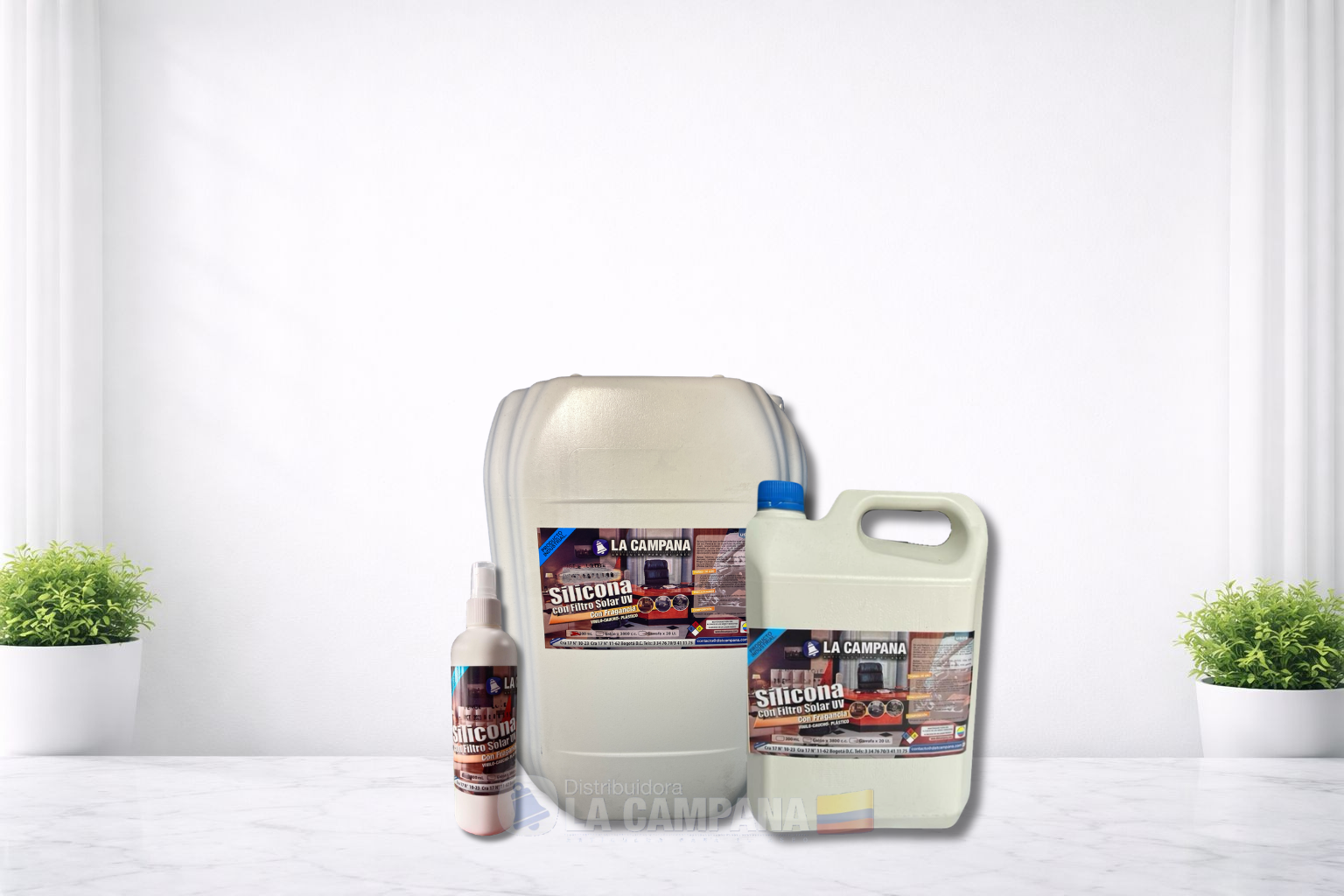Two detergent jugs and a spray bottle on a bright tabletop with small potted plants in the background