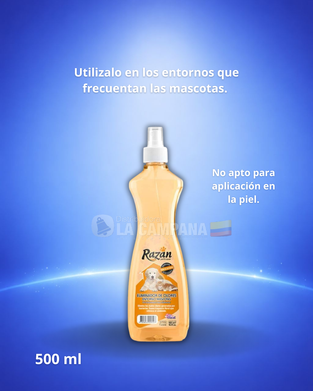 Botella de limpiador para mascotas sobre fondo azul, 500 ml, con advertencia de no usar en la piel.