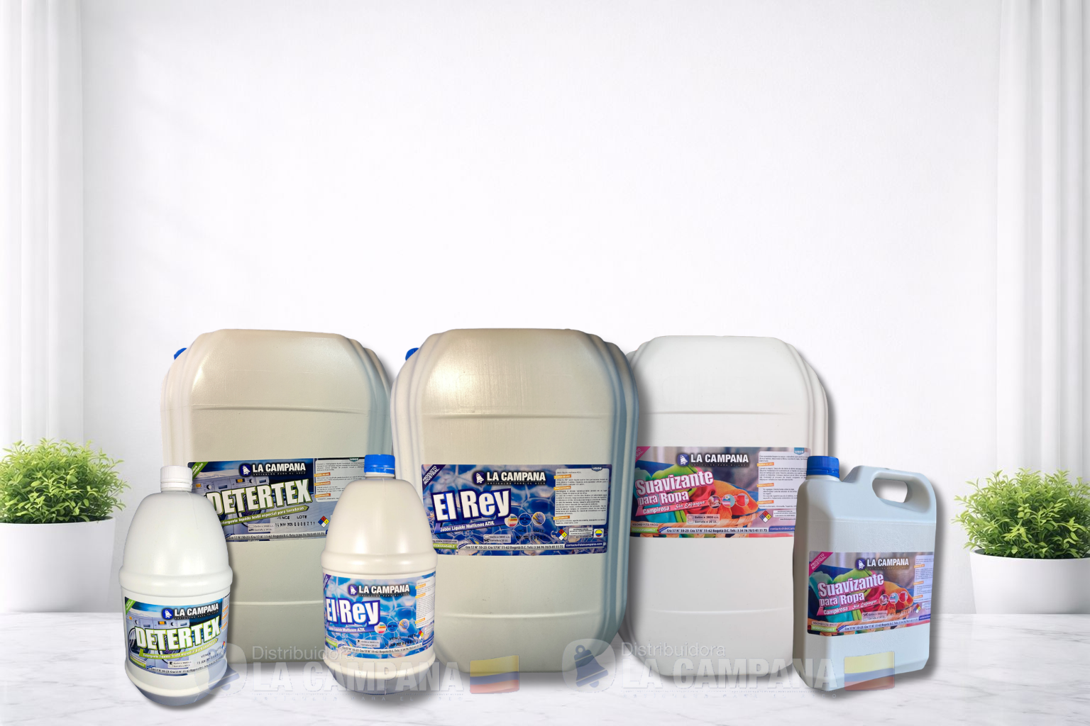 Assorted paint and coating containers in white, beige, and blue on a bright studio background