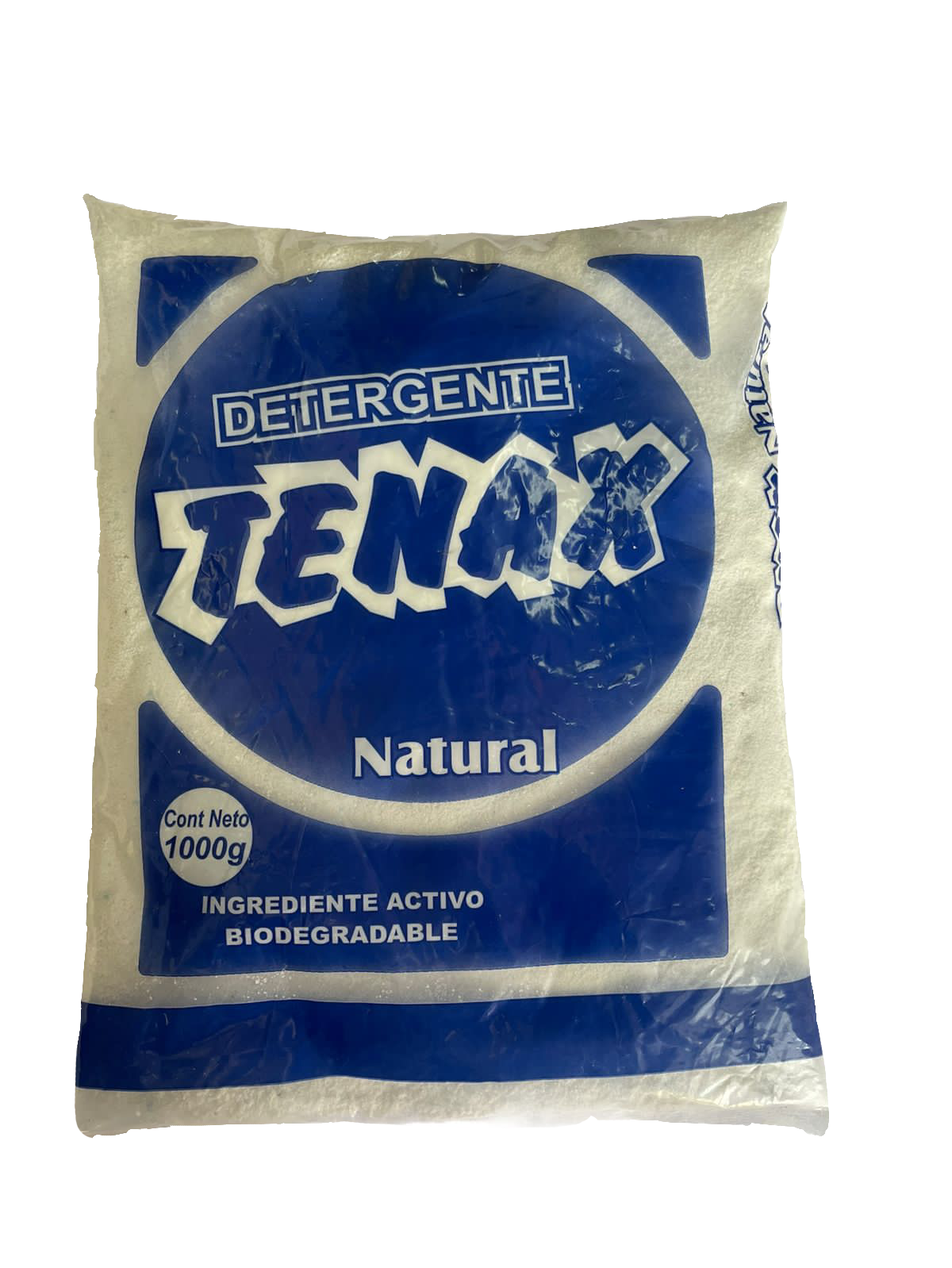 Blue and white Tenax detergent bag labeled “Natural” on a white background