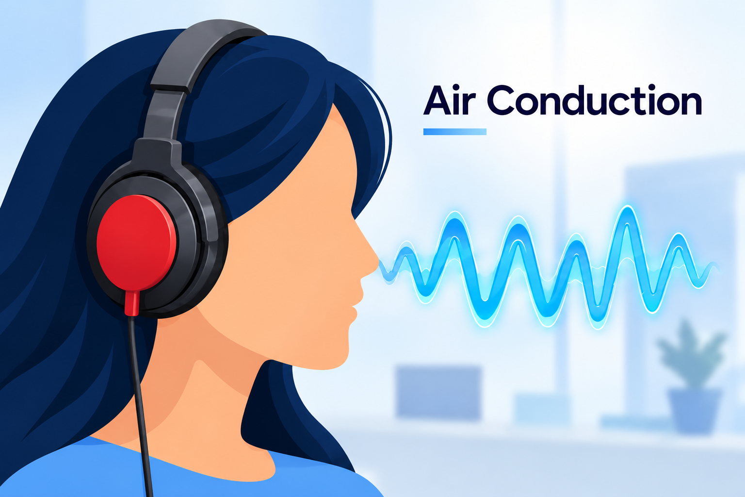 Illustration of air conduction hearing testing with headphones