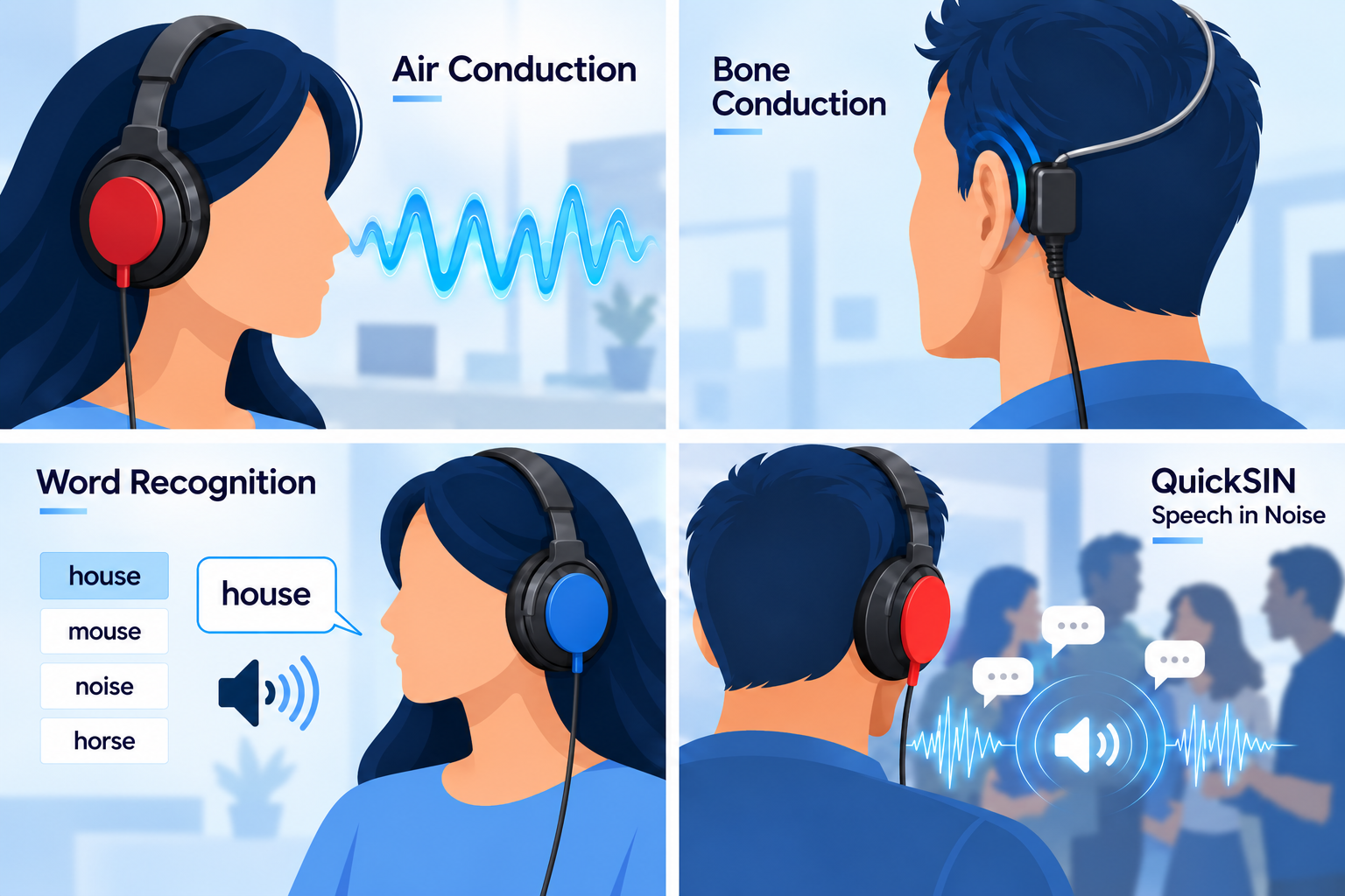Illustration showing the range of hearing tests included in a comprehensive evaluation