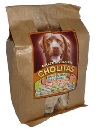 Bolsa de papel marrón con golosinas para perros con la imagen de un perro en la etiqueta; marca 