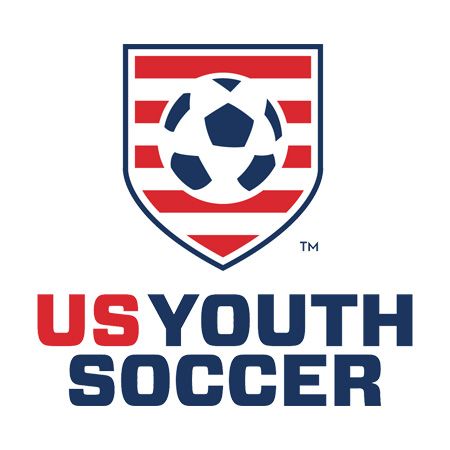 US Youth Soccer logo: Soccer ball within a shield with red and white stripes; navy blue text.