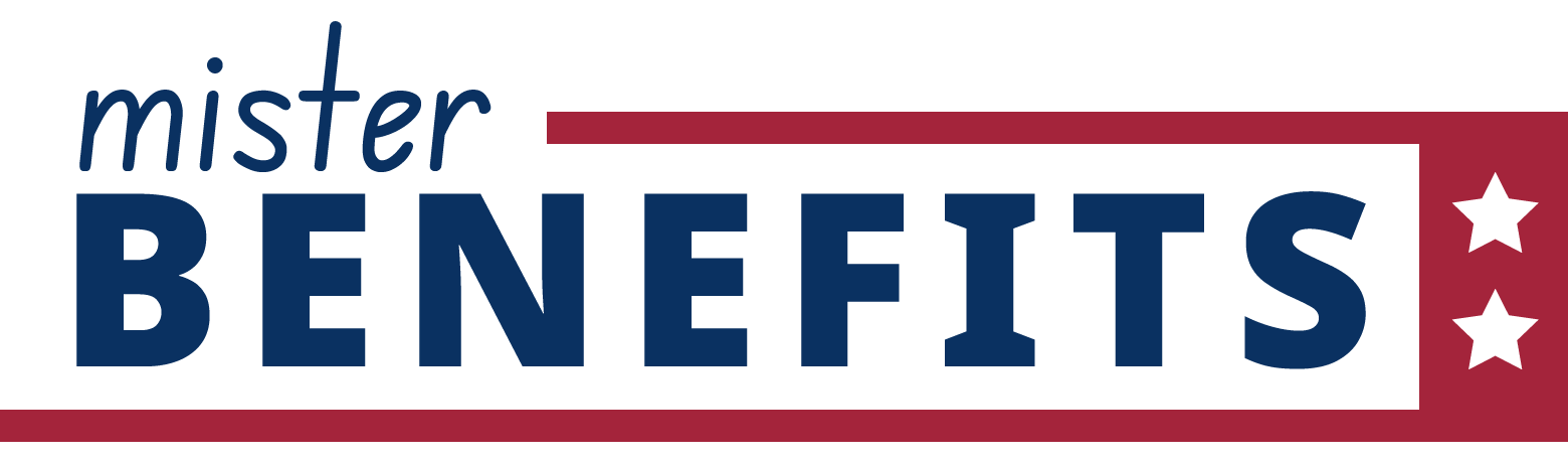 a logo for mister benefits with a red white and blue border
