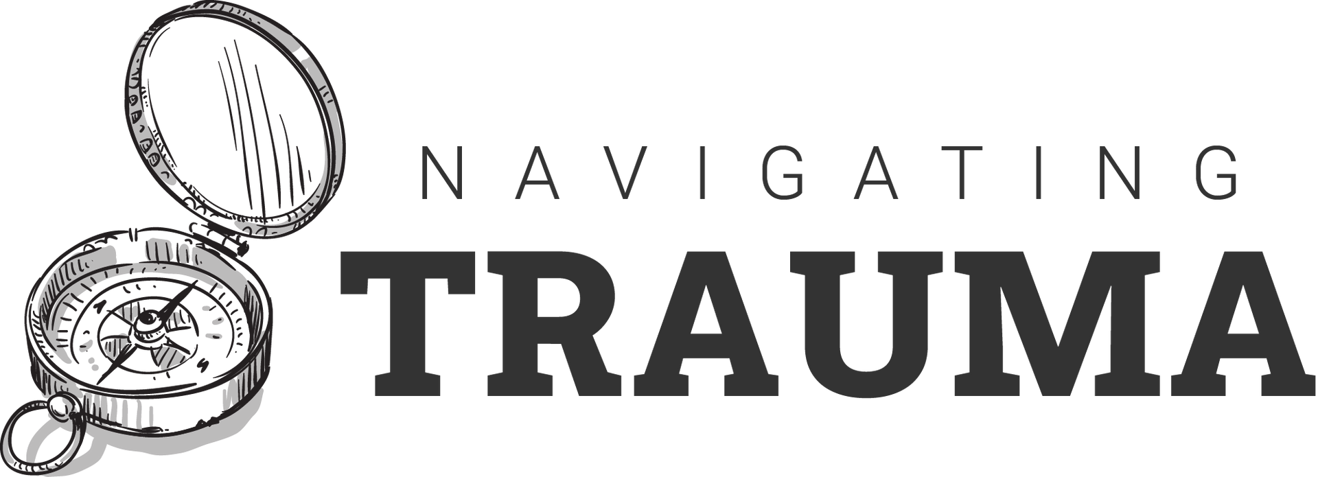 a black and white logo for navigating trauma with a compass