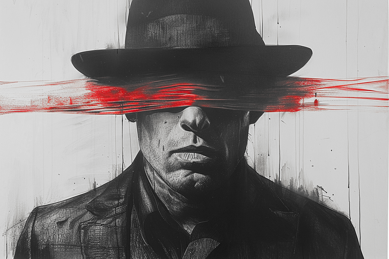 A black and white painting of a man wearing a hat and a red blindfold 