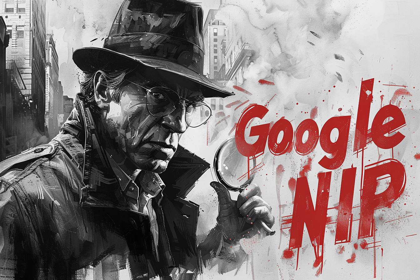 A man in a hat is holding a magnifying glass in front of a sign that says google nip
