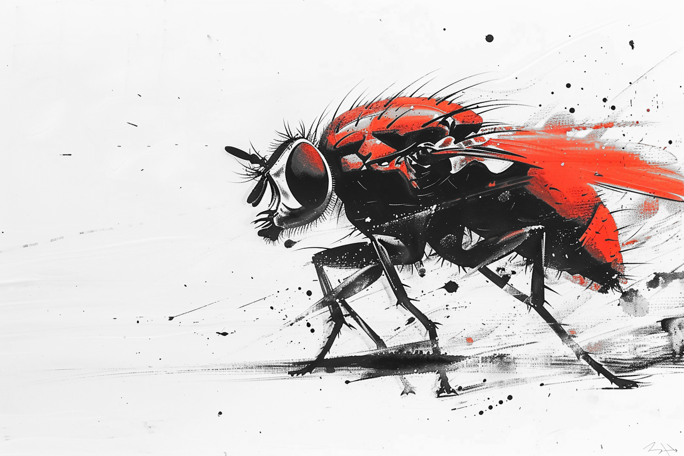 A black and red fly is flying in the air on a white background.