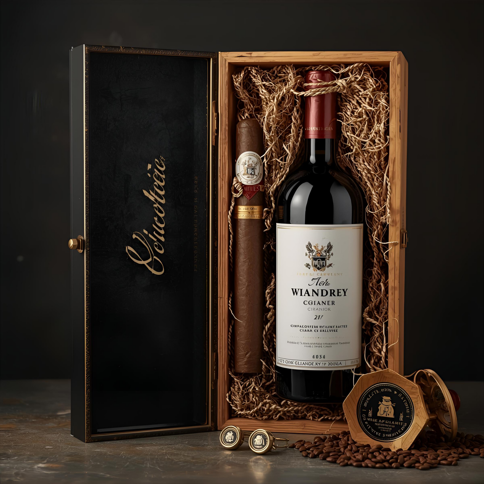 Wine bottle, cigar, and accessories in a wooden gift box with shredded packing material.