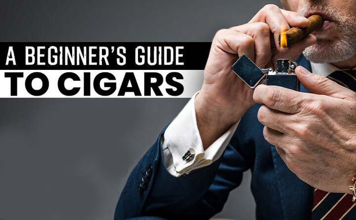 Man lighting a cigar with a lighter; text reads, 