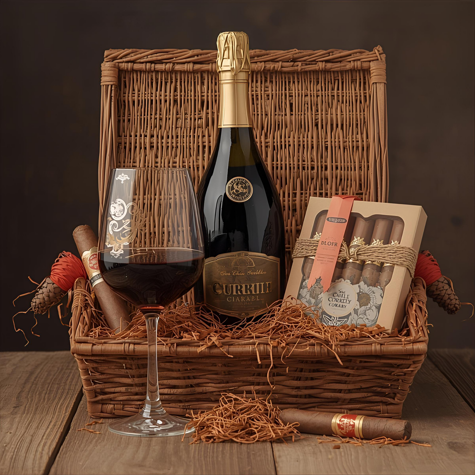Wicker basket with wine bottle, wine glass, cigars, and decorative filler on a wooden surface.