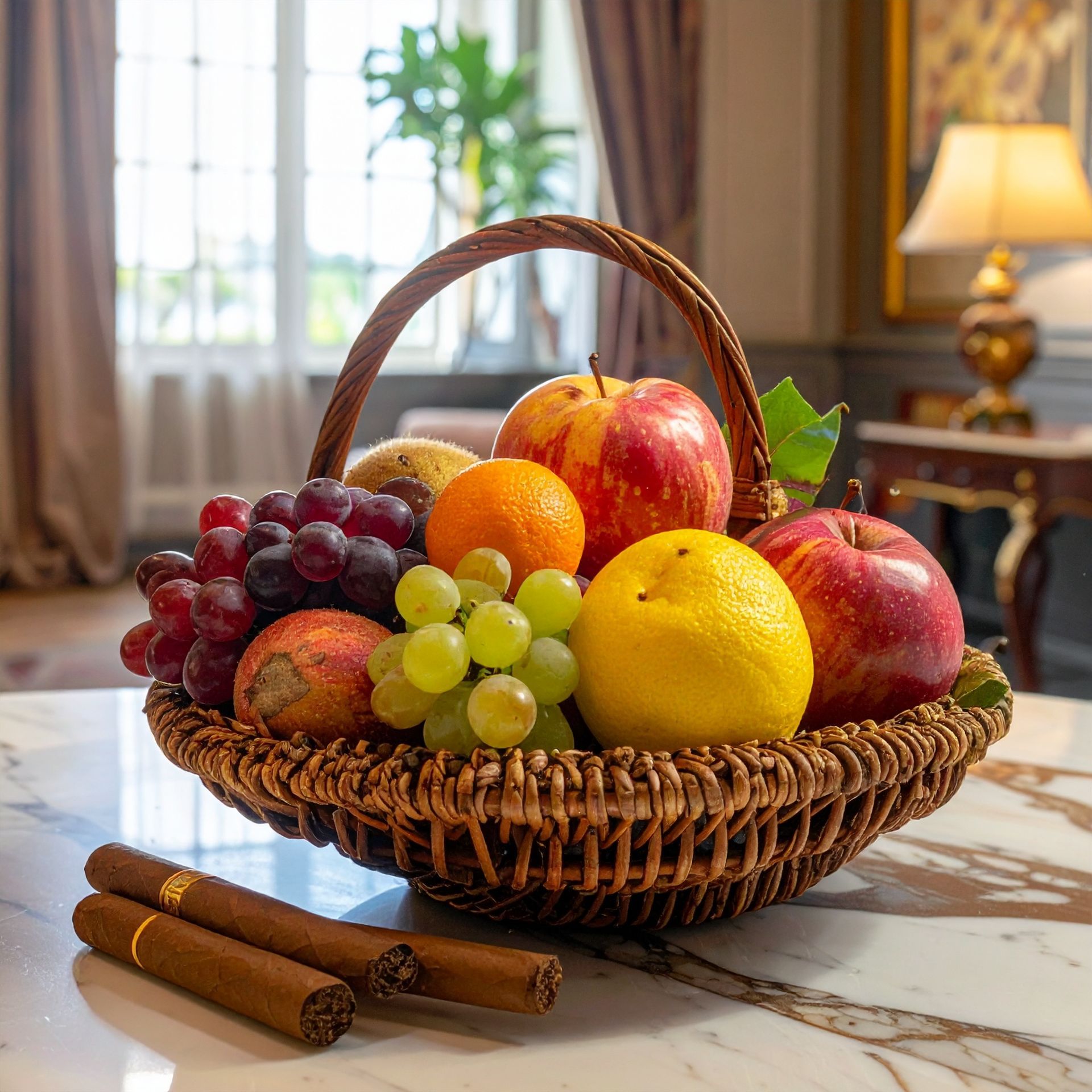 Fruit basket with apples, grapes, and citrus, next to three cigars, on a marble table.
