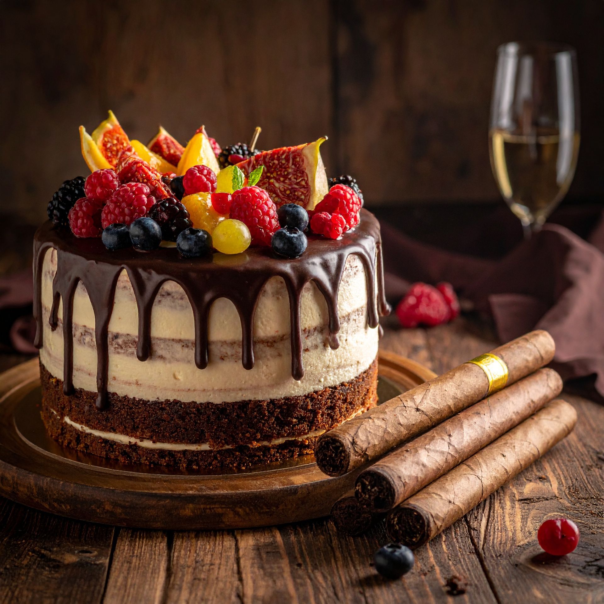 Cake with fruit topping and chocolate drip next to cigars and a glass of champagne.