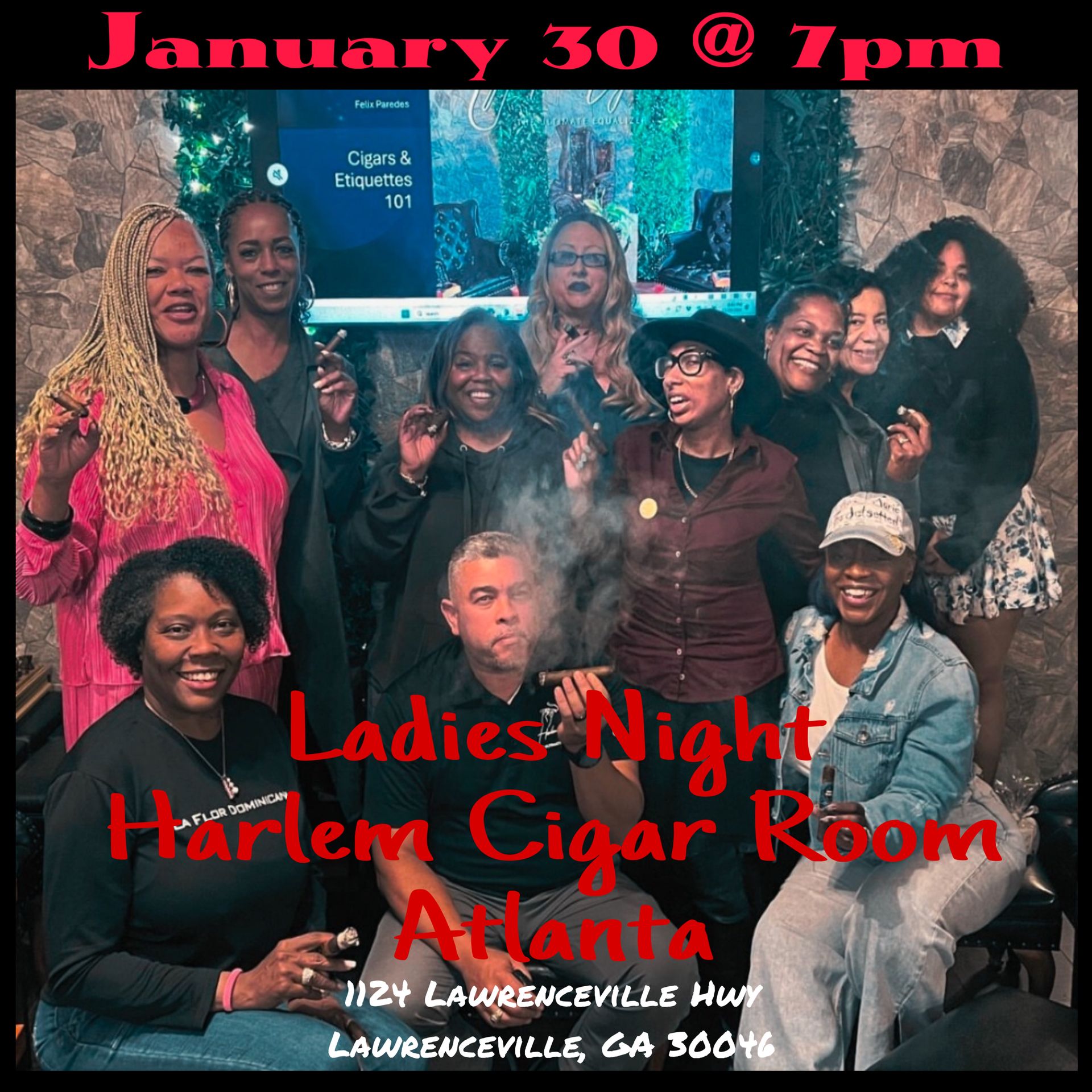 Group of people smoking cigars at the Harlem Cigar Room in Atlanta. Text reads 