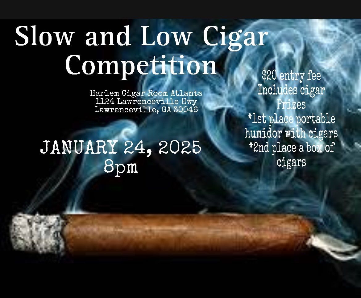 Poster for a cigar competition. Brown cigar with smoke, text includes date, time, and prizes.
