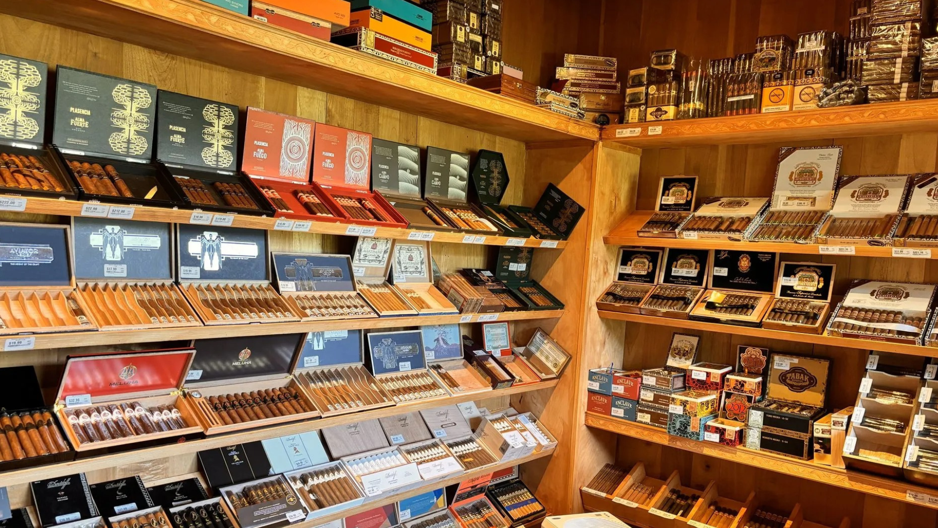 Shelves stocked with various cigar boxes in a brightly lit tobacco shop.