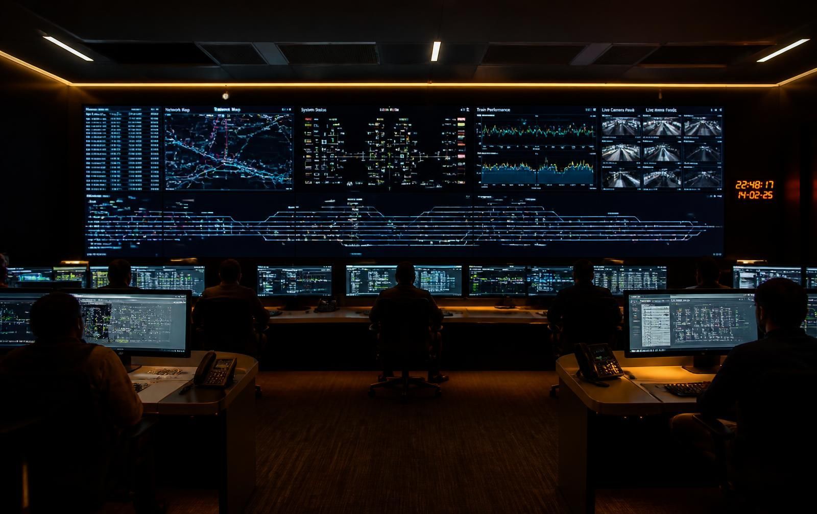 Dark control room with glowing monitors and data dashboards on multiple screens