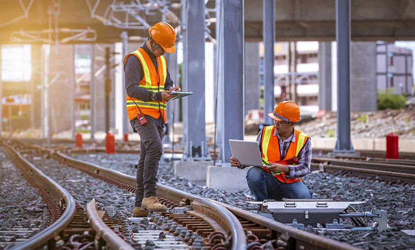 Three construction workers in hard hats and safety vests inspecting a site beside a railcar