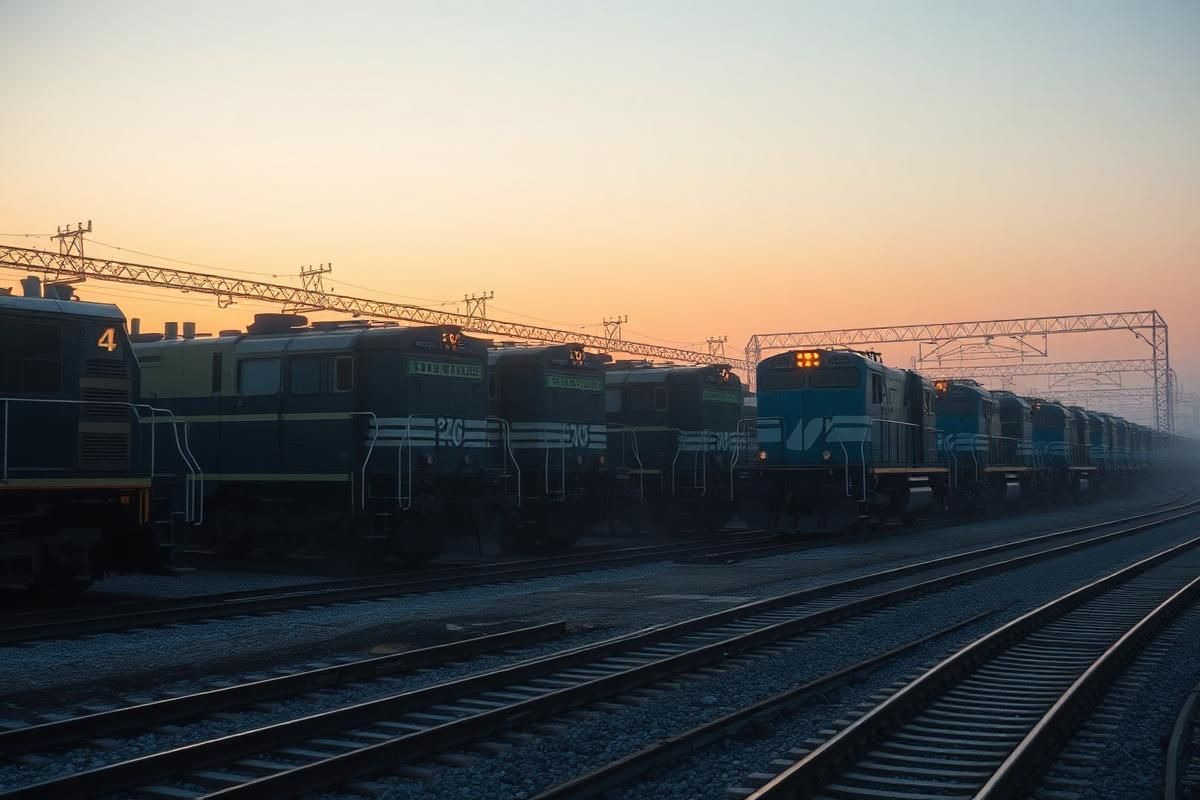 Trains on parallel tracks at dawn, with overhead wires and a warm orange sky.