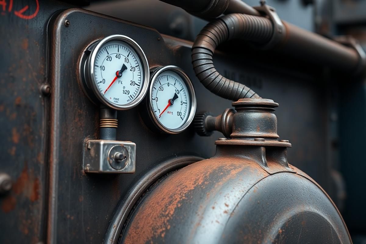 Two pressure gauges on a rusty industrial machine with pipes and valves