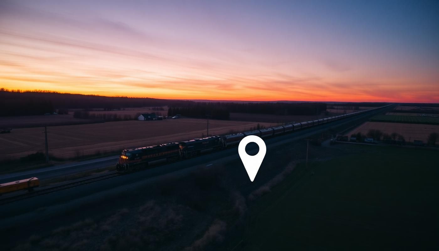 Sunset aerial view of a road through farmland with a white location pin marker