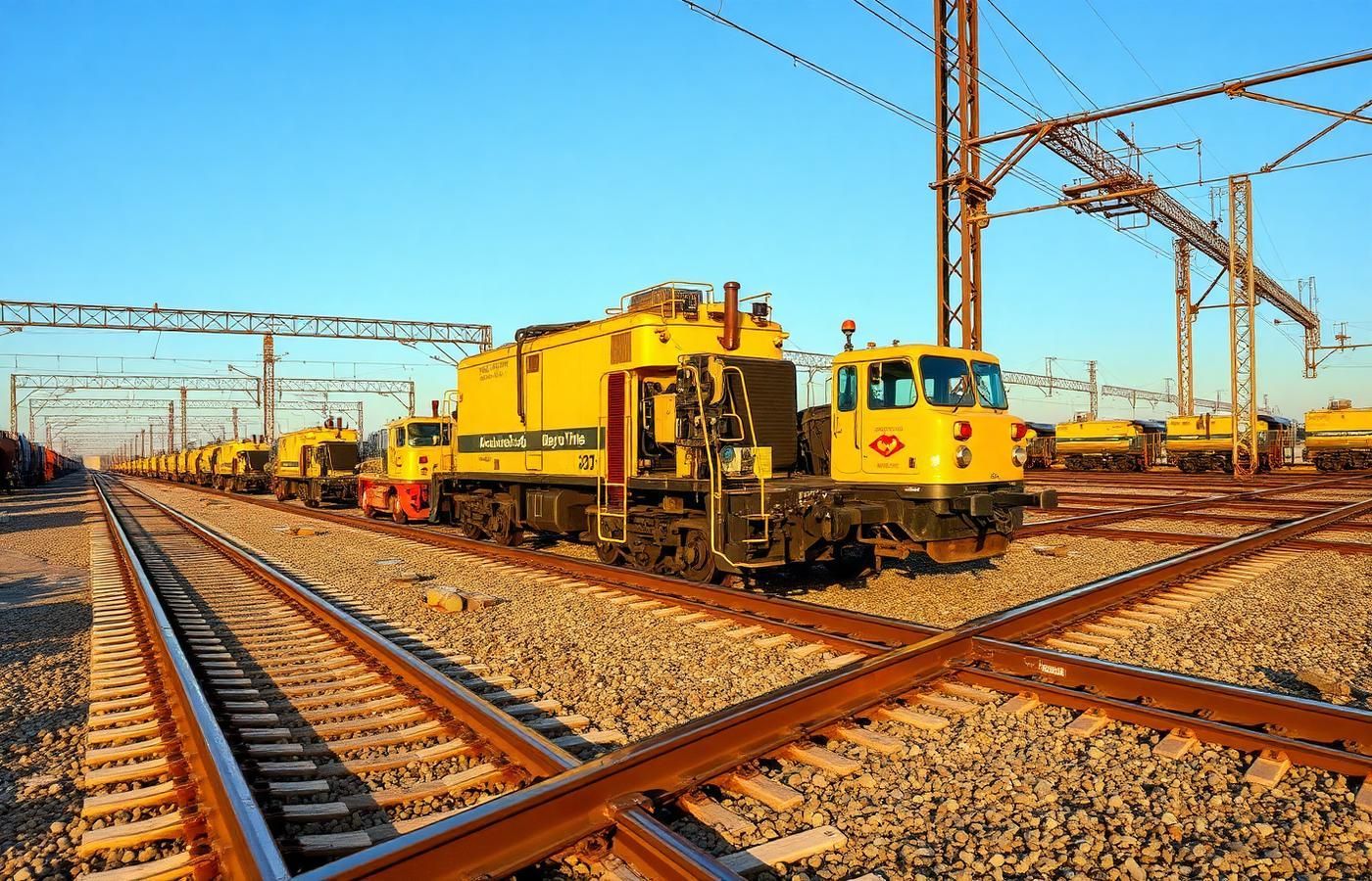 Yellow rail maintenance vehicles on train tracks in a rail yard at sunset