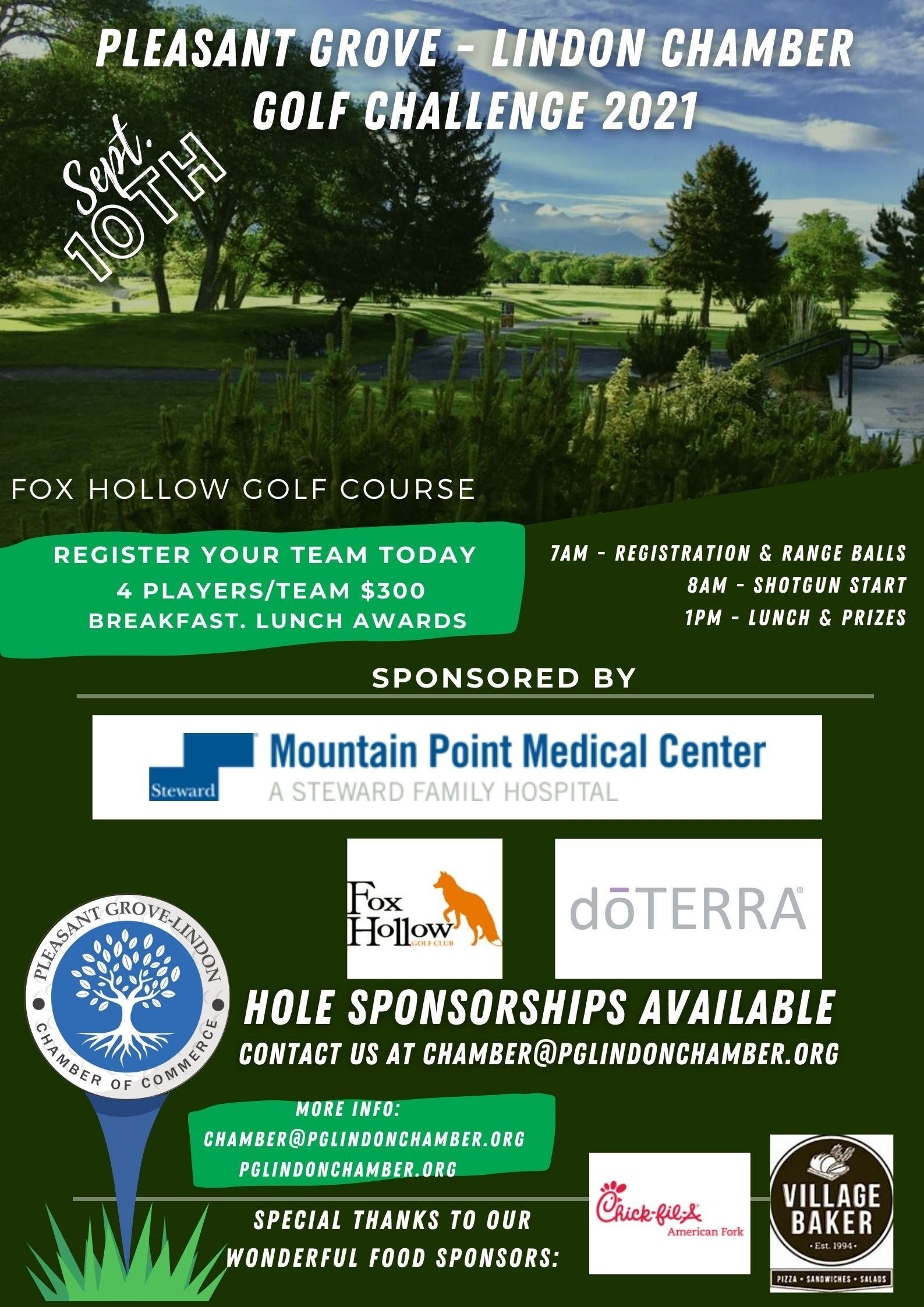 A poster for the pleasant grove linden chamber golf challenge.