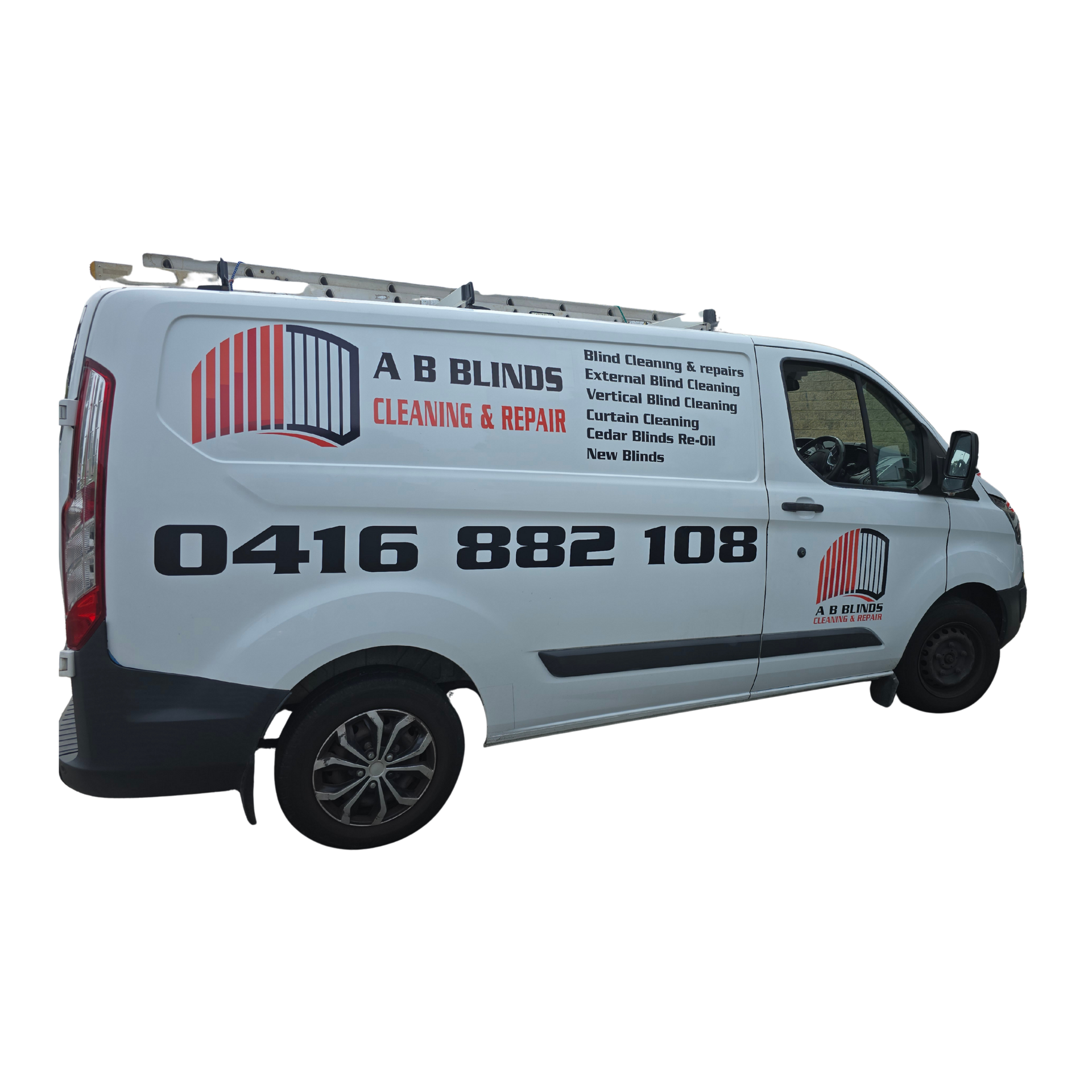 White a.b. Blinds Service Van With Business Branding — Al's Custom Prints in Wyong, NSW