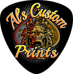 Al&rsquo;s Custom Prints logo with a skull and stylized orange script on a black guitar pick shape